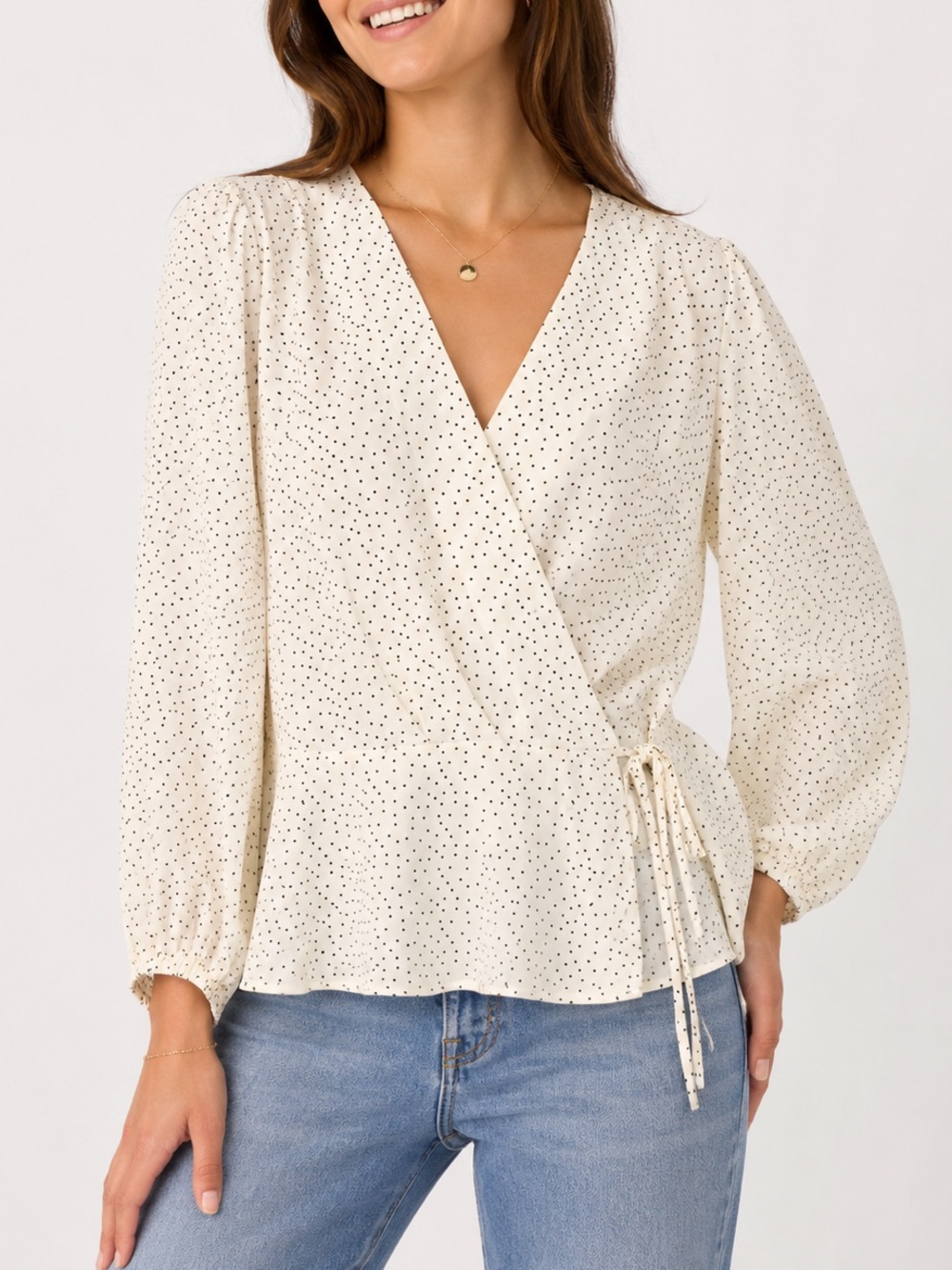 Banana Republic Factory Cream Polka Dot Long Sleeve PR Snow Day Wrap Blouse L